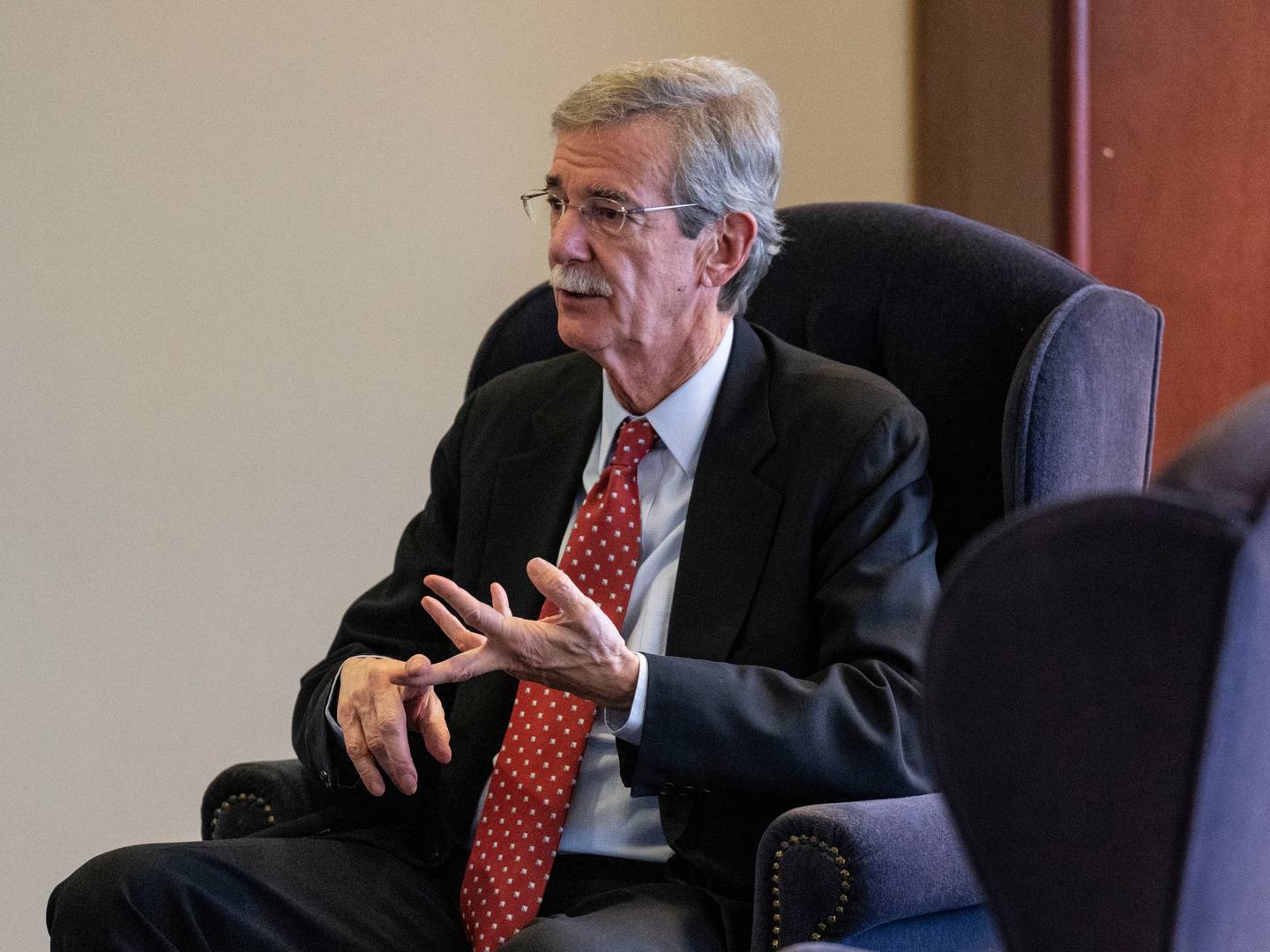 Maryland Attorney General Brian Frosh talks to a reporter from The Baltimore Banner in his office in Baltimore, Thursday, December 15, 2022.