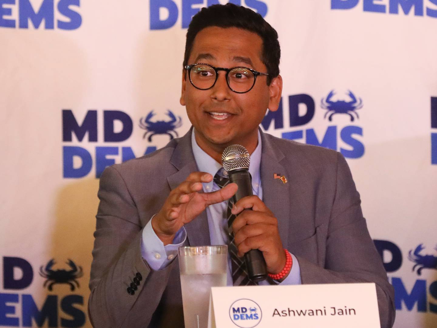 Gubernatorial candidate Ashwani Jain speaks during a candidates forum on healthcare issues sponsored by the Maryland Democratic Party at BC Brewery on May 31, 2022. (Kaitlin Newman for The Baltimore Banner)