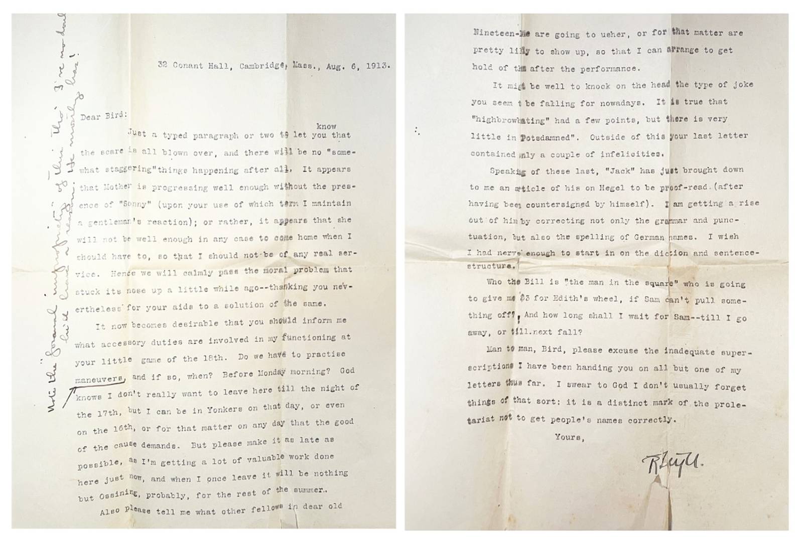 This Aug. 6 1913 letter, the only one typed, provided a clue to who "R," the letter writer was.