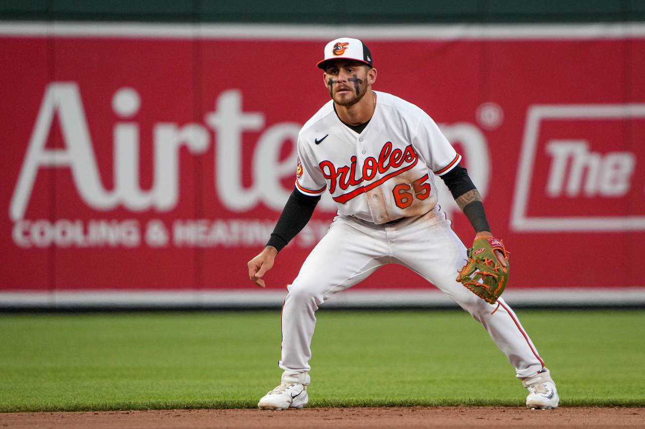 Baltimore Orioles shortstop Joey Ortiz (65) gets ready to field a ball in a game against the Los Angeles Angels at Camden Yards on Wednesday, May 17. It was the third game of a series in the regular season/