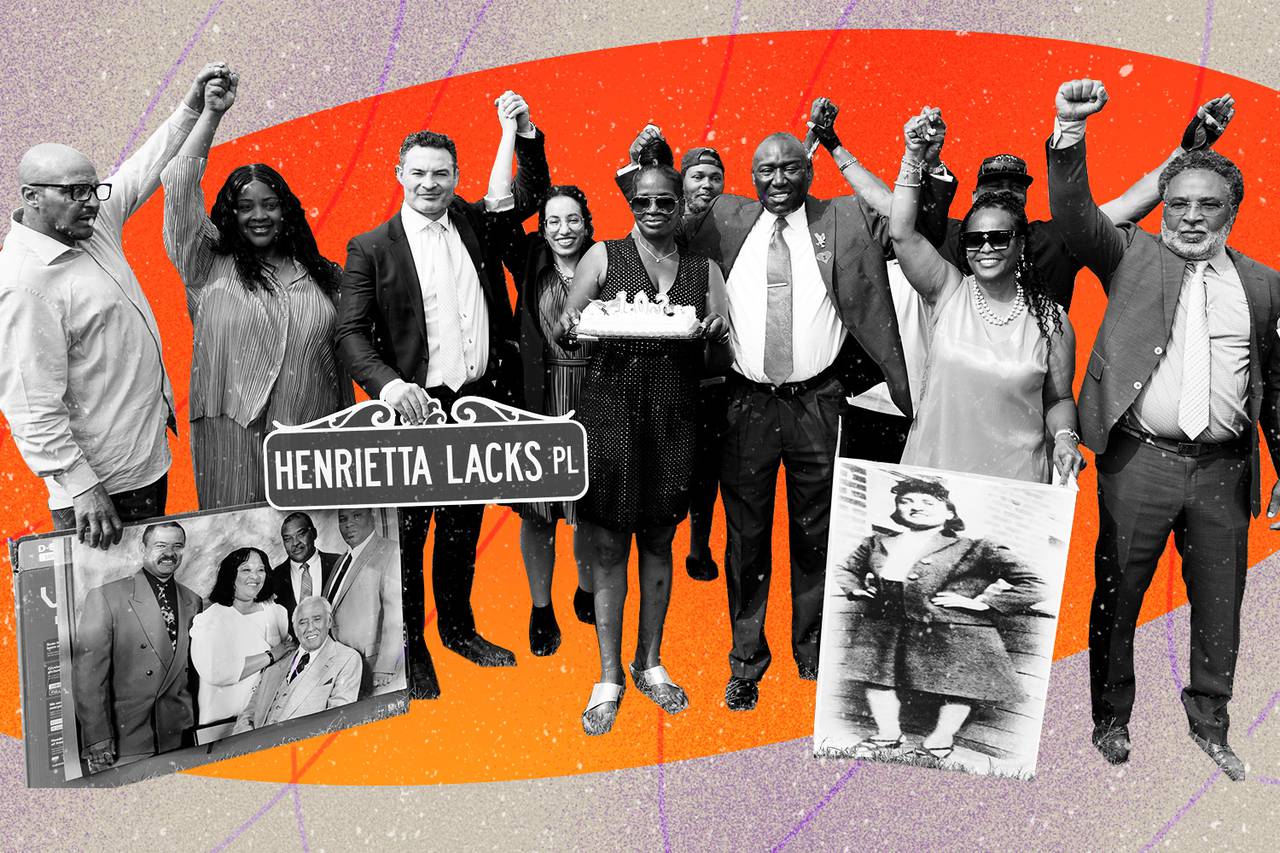 Photo illustration of relatives of Henrietta Lacks raising their hands in celebration.