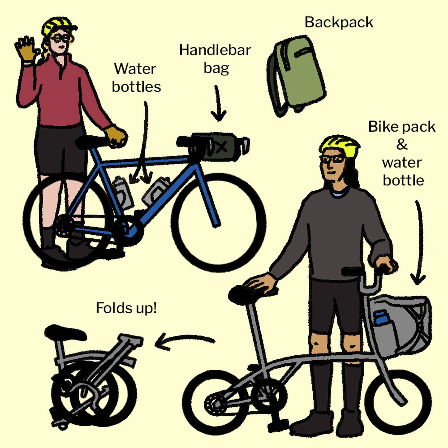 Illustration shows woman with helmet waving and standing next to blue road bike that has handlebar bag and two water bottles on its frame. A man with a helmet stands next to a gray Brompton bike with a front-loading bag.