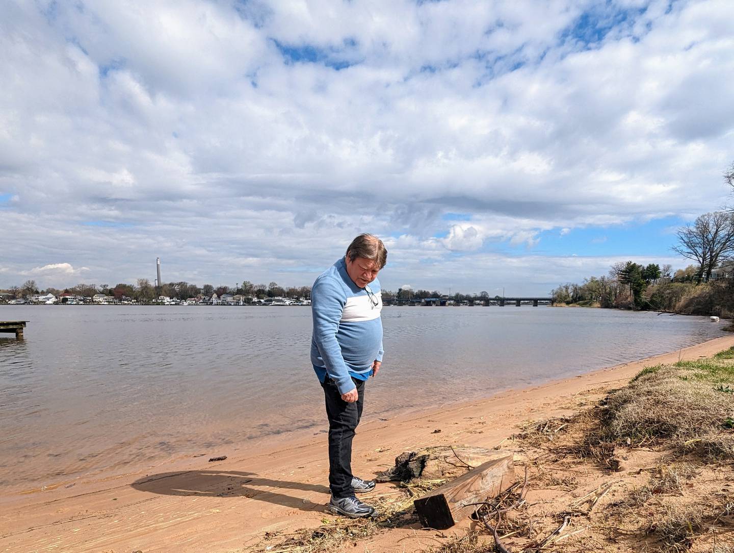 Ernie Dimler, who's lived on Stoney Creek in Pasadena for 30-plus years, points out some of the debris that's washed up since the Key Bridge Collapse on March 26.