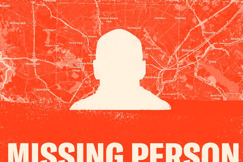 Photo illustration of cream-colored silhouette of man’s head and shoulders against red textured background with map of Baltimore City and surrounding areas. At bottom of image it says “Missing Person.”