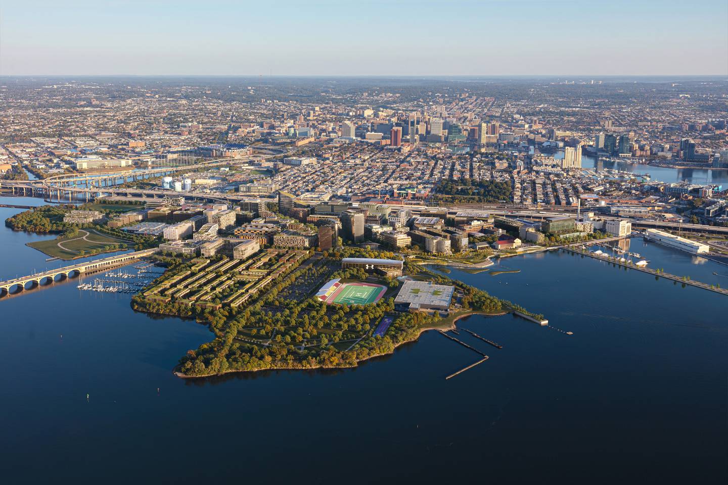 Digital rendering shows hypothetical aerial view of Baltimore Peninsula with new development, with Federal Hill, Inner Harbor and rest of Baltimore City in background.