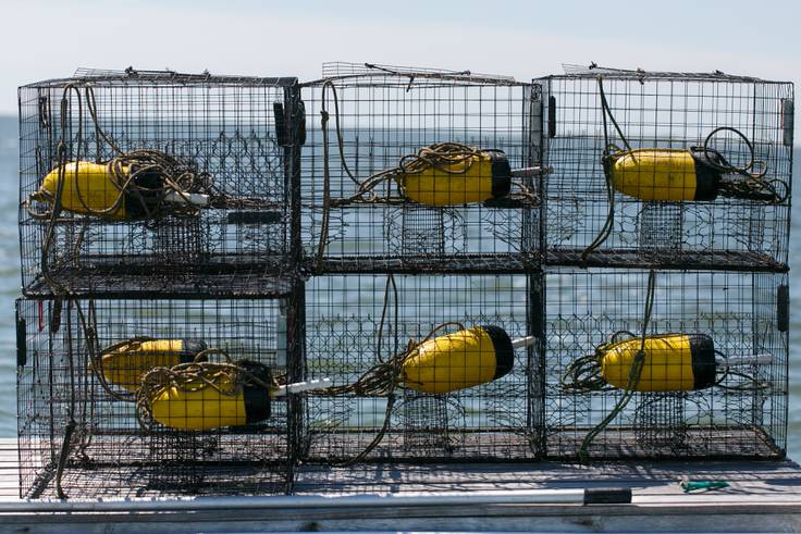 Crab pots on the boat of JC Hudgins in Mathews, Va., on Friday, June 10, 2022.