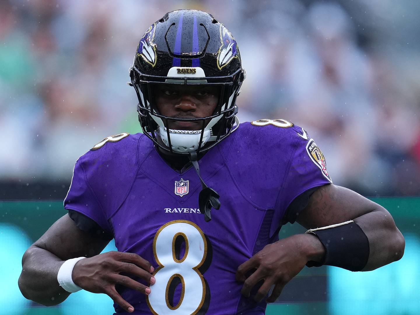 Lamar Jackson #8 of the Baltimore Ravens looks on in the first quarter of the game at MetLife Stadium on September 11, 2022 in East Rutherford, New Jersey.