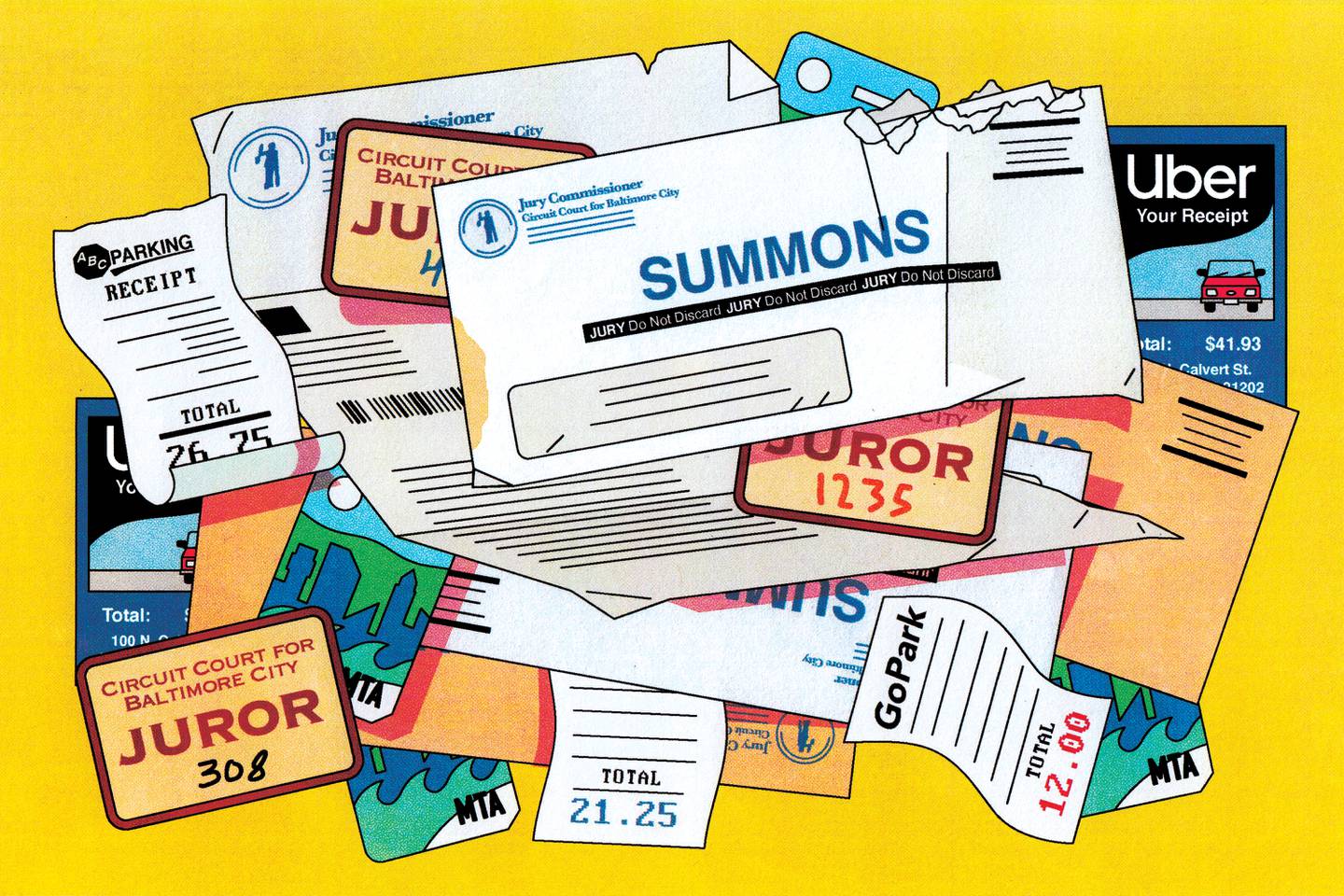 Illustration of messy pile or jury duty summons envelopes, juror stickers, MTA transit passes, Uber receipts and parking receipts.