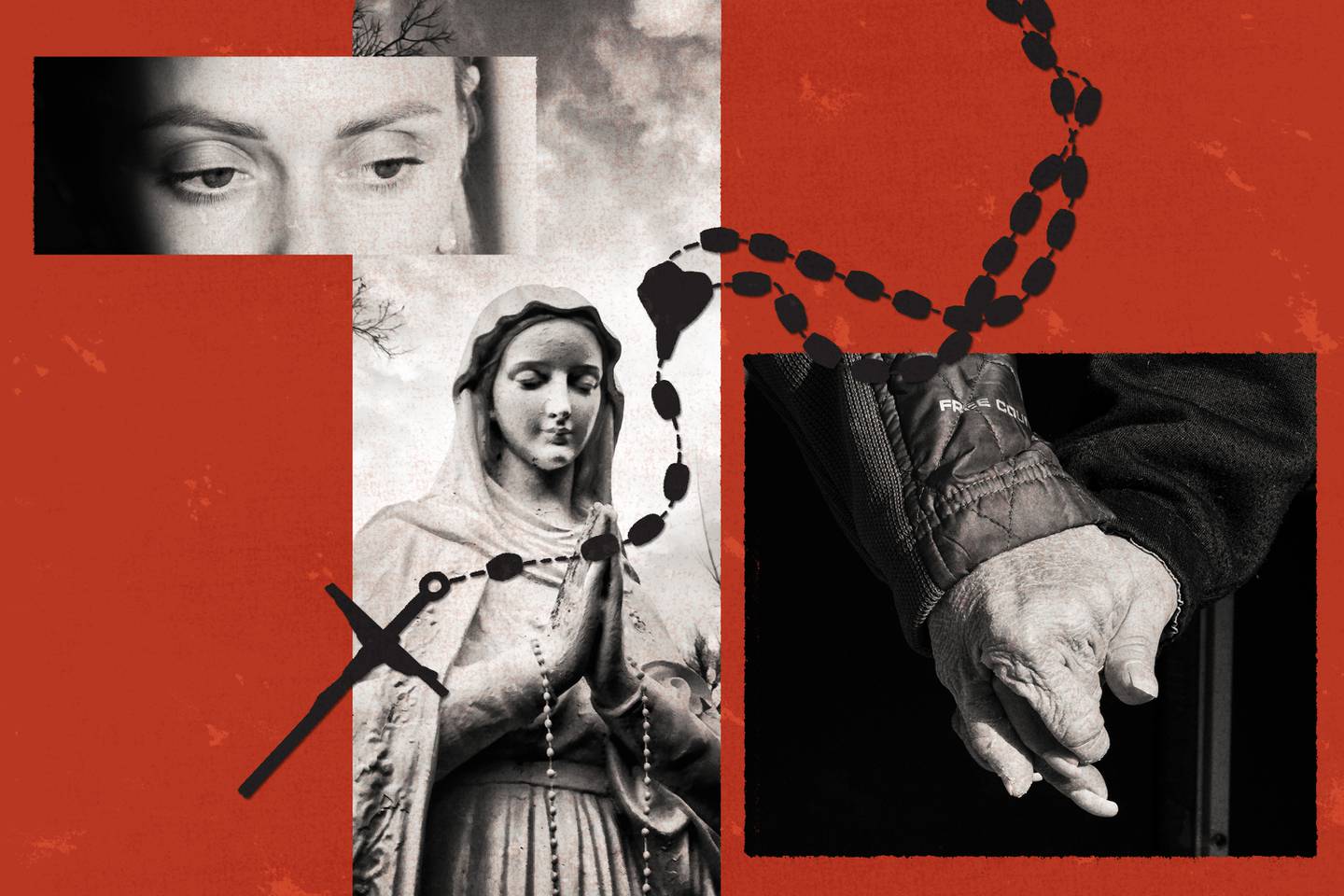 Photo collage showing cropped photographs of a woman’s eyes, statue of the Virgin Mary, and two elderly hands holding one another, with a red background and the silhouette of a rosary and crucifix layered on top.