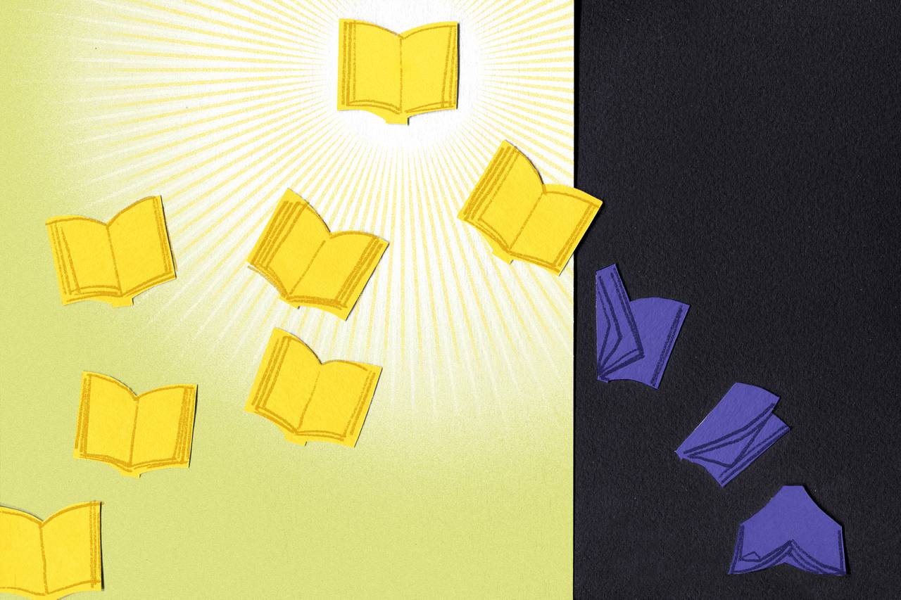 Illustration shows several open books flying upwards from bottom left of the image to top center, with light rays radiating from the topmost book. On the right side of the image, the background becomes dark and three books fall from the sky.