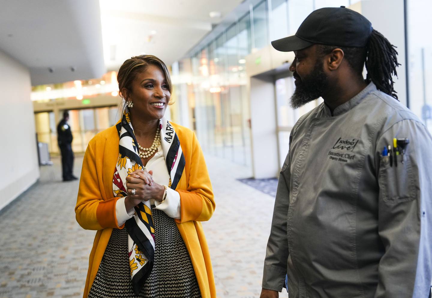 Governor-elect Wes Moore's wife, Dawn Moore, takes a tour of the convention center and its kitchen with head chef Gregory Pittman to discuss the food and dishes served at the upcoming gala on January 10, 2023.