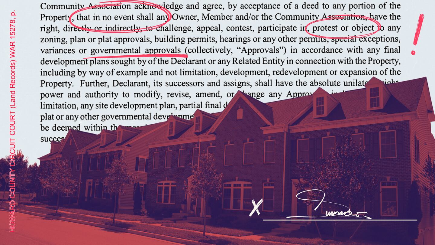 A photo illustration of Taylor Villages properties and a housing contract that prohibits residents from speaking out against future development.