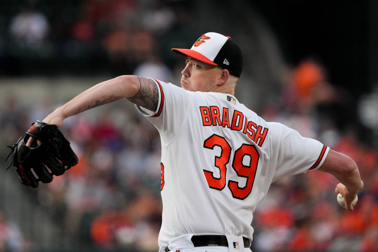 Baltimore Orioles starting pitcher Kyle Bradish (39) delivers a pitch in a game against the Los Angeles Angels at Camden Yards on Wednesday, May 17. It was the third game of a series in the regular season/
