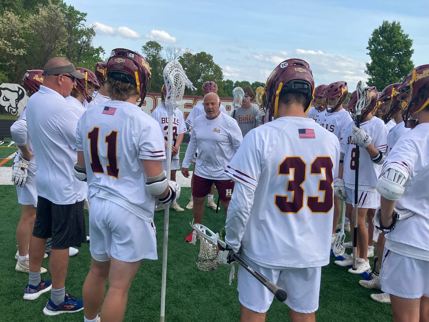 Hereford assistant coach Steve Turnbaugh instructs the Bulls’ defense during the first quarter of the Baltimore County championship game against Catonsville on Monday. The Bulls won, 11-10.