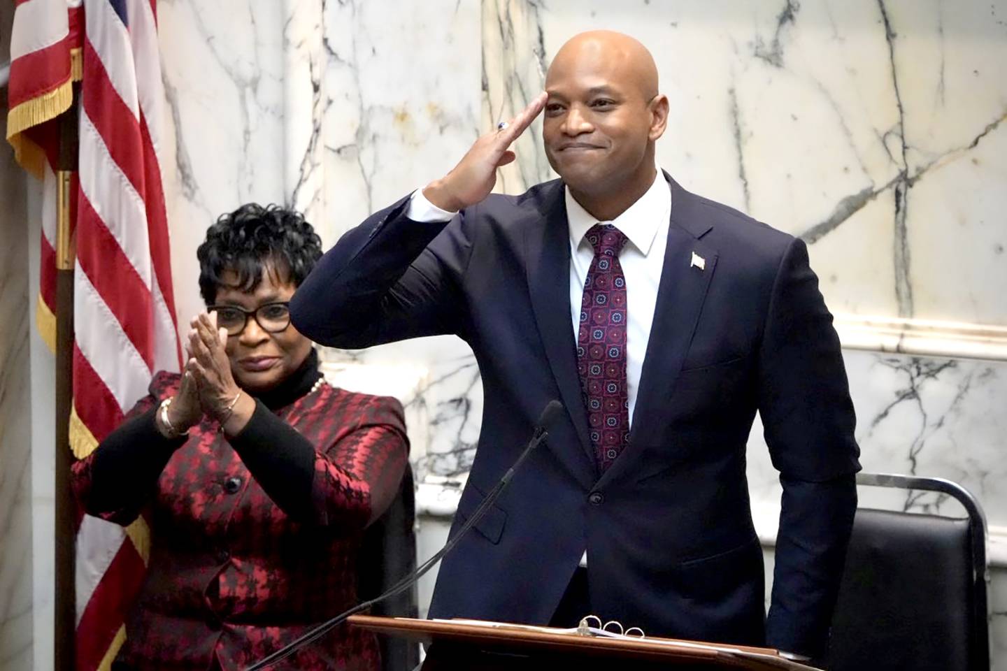 Gov. Wes Moore will deliver his first State of the State speech at the State Capitol in Annapolis, MD.  he recognizes an educator, Ronnie Beard, one of his guests seated up in the gallery.  Moore salutes to Veterans in the chamber.