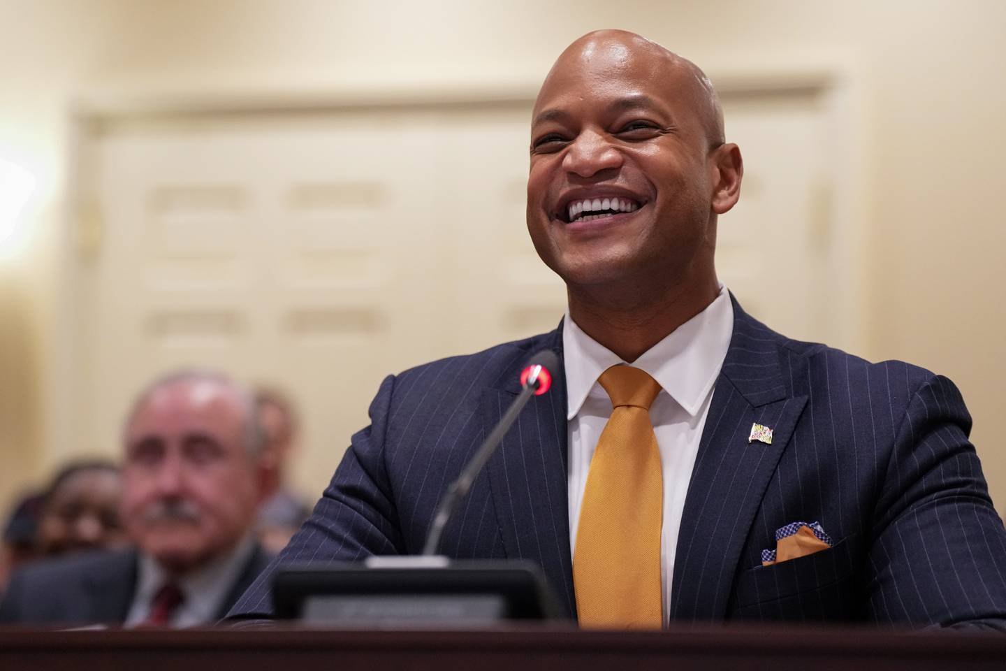 Maryland Gov. Wes Moore testifies in favor of the Keep Our Heroes Home Act on 2/16/23 during a meeting of the House Ways and Means committee in Annapolis.
