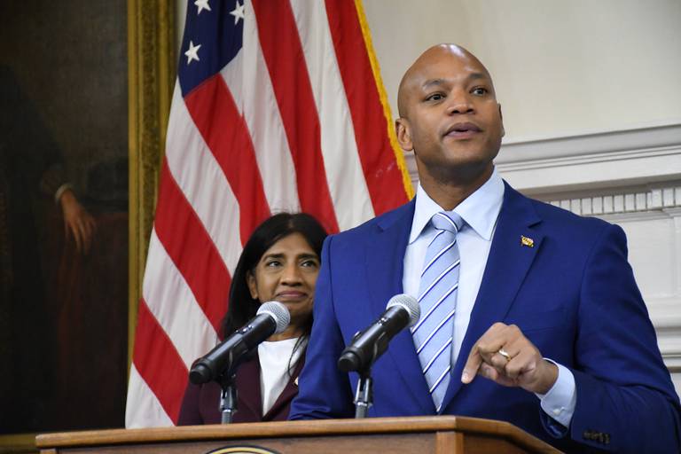 Maryland Gov. Wes Moore talks about violent crime during a press conference at the State House in Annapolis on Thursday, Jan. 19, 2023.
