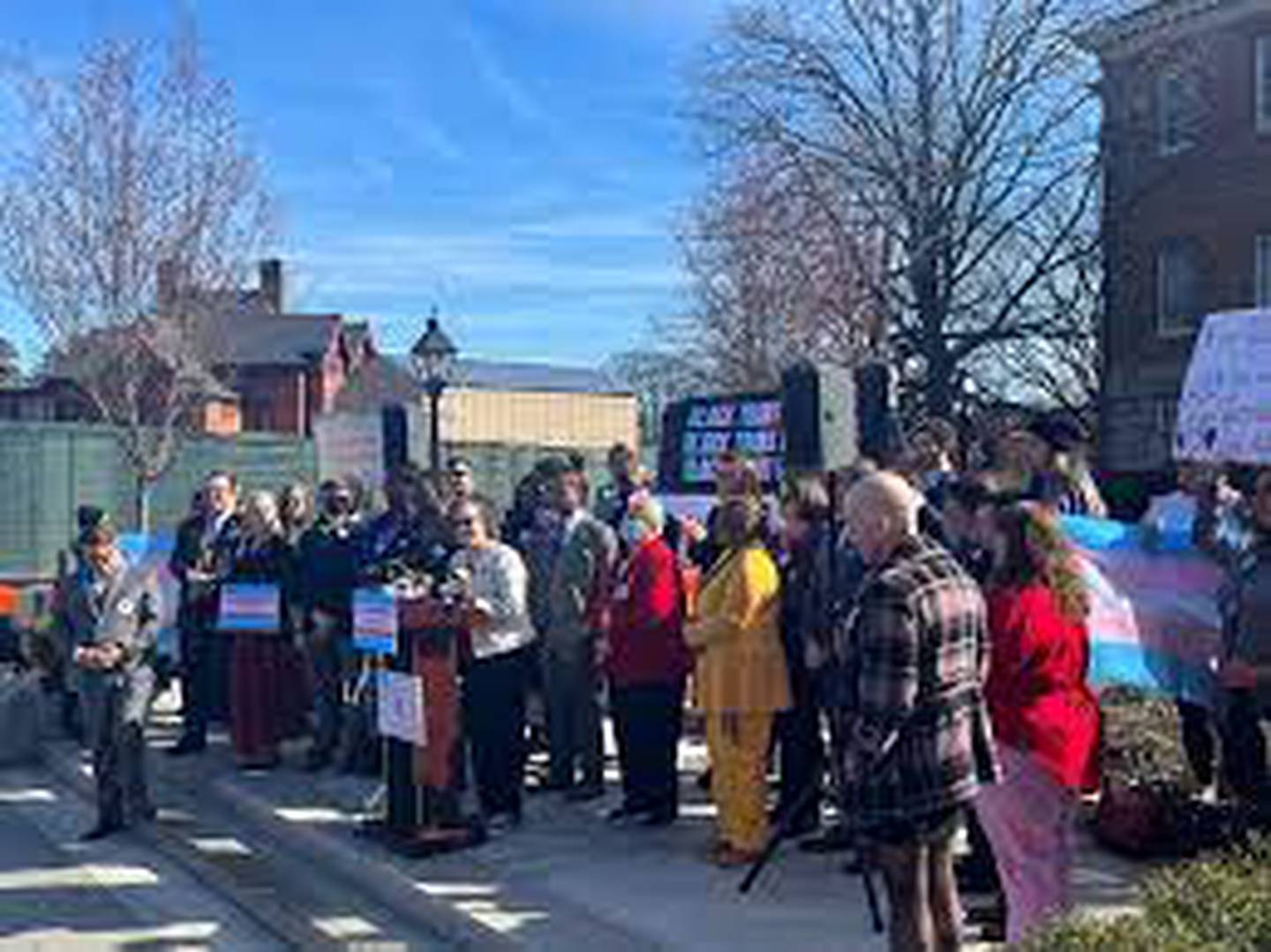 Supporters of trans health bills speak in front of Maryland State House on Feb. 14, 2023 in Annapolis, Maryland.