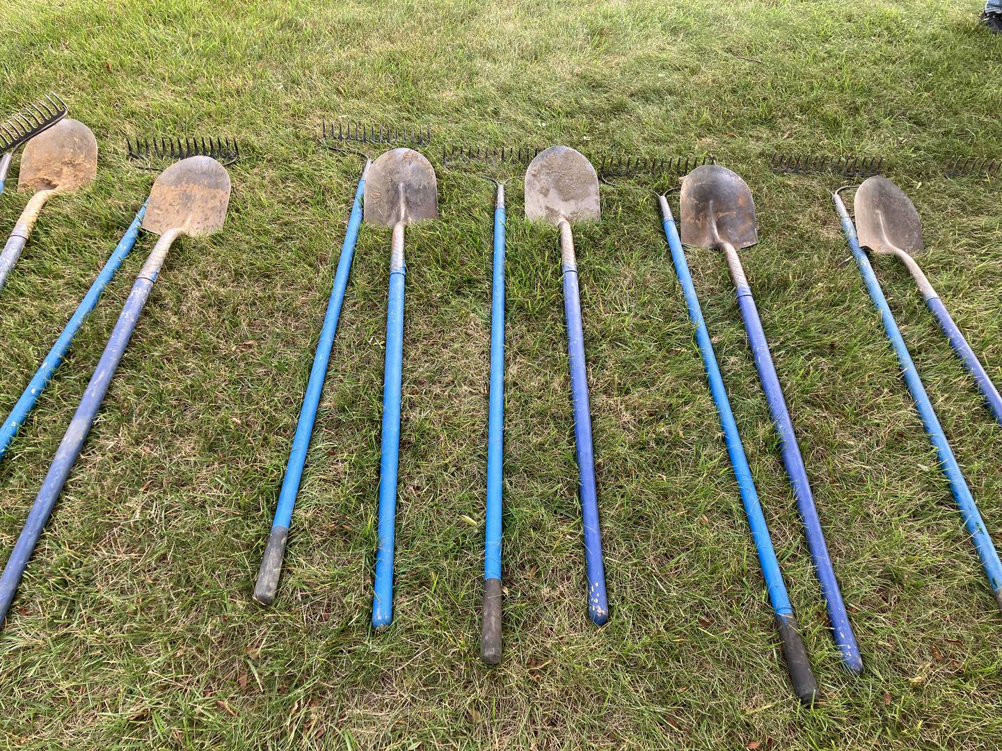 Shovels and rakes laid out for volunteers by the Baltimore Tree Trust.
