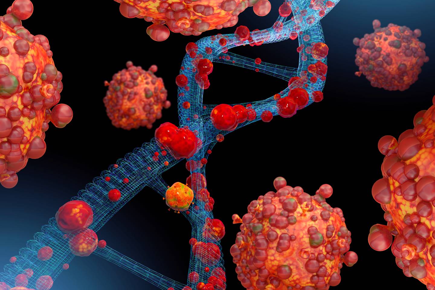 3D generated image of DNA spiral being attacked by monkeypox Virus.