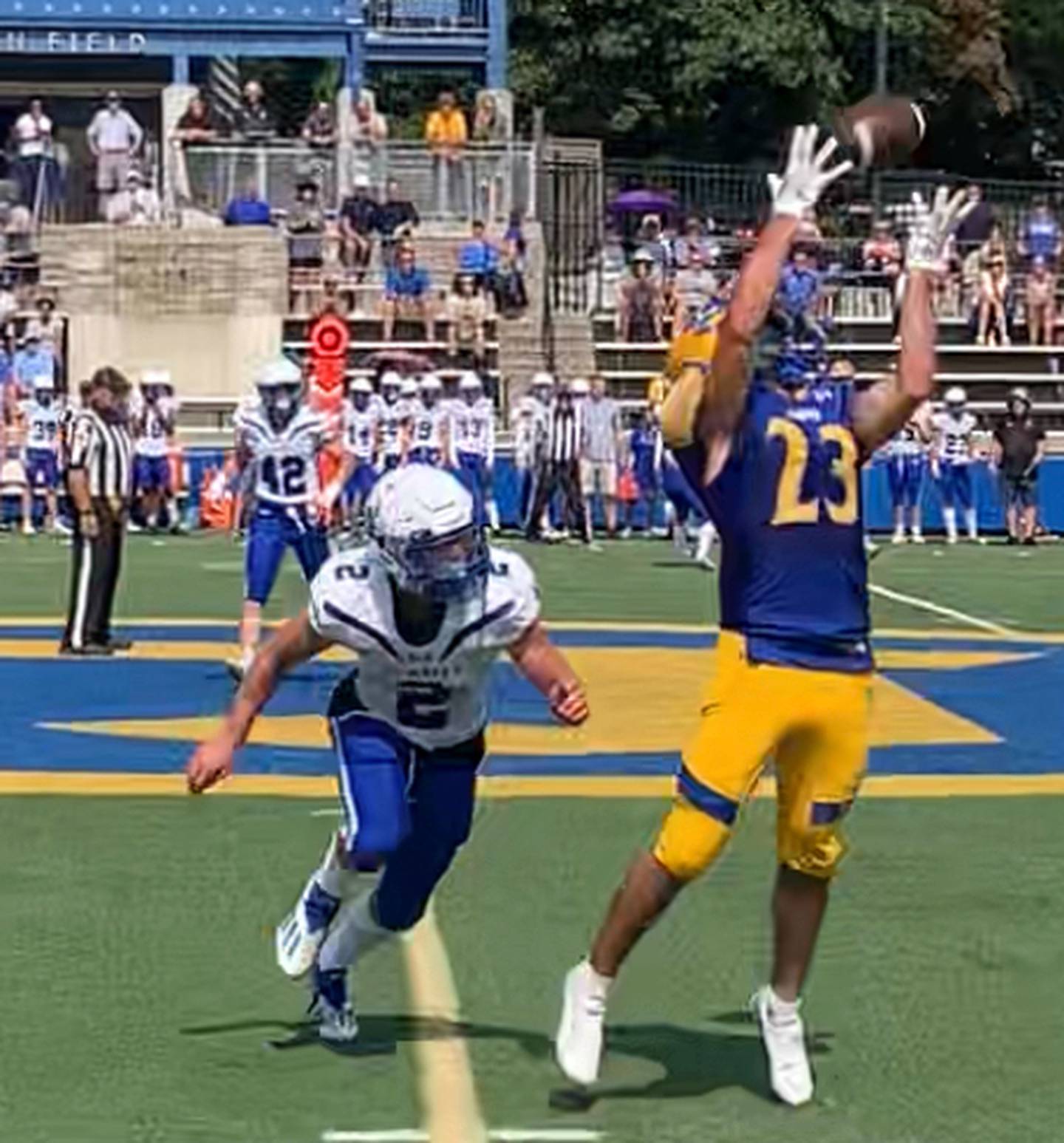 Loyola's Shane Elliott attempts to catch a pass in front of St. Mary's Shane Toal last weekend. The No. 10 Dons will play their first MIAA A Conference game since 2018, Saturday at fourth-ranked Mount St. Joseph.