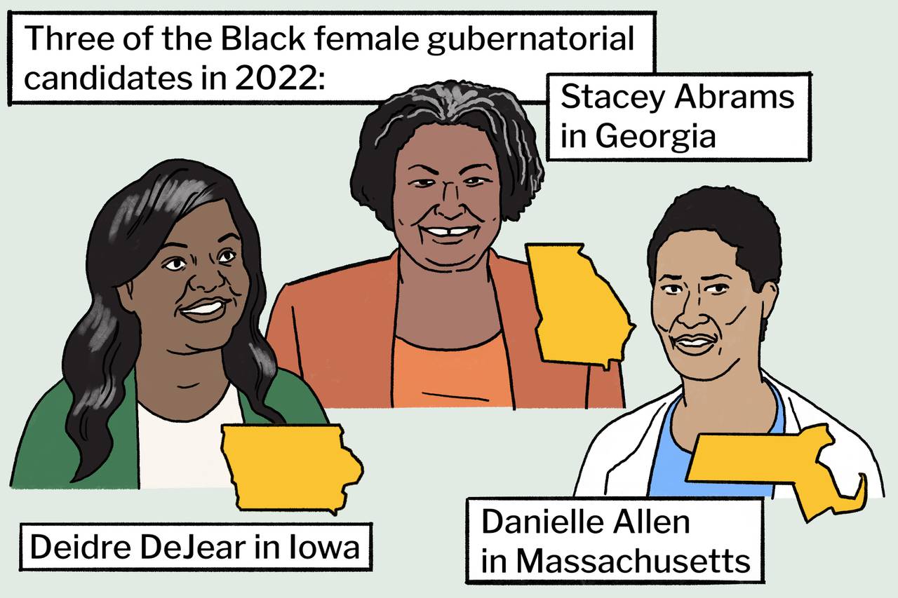 Three of the Black female gubernatorial candidates in 2022: Stacey Abrams in Georgia, Deidre DeJear in Iowa, and Danielle Allen in Massachusetts.