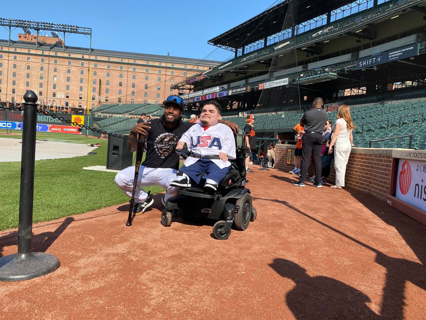 Orioles outfielder Cedric Mullins poses with A.J. Rodriguez, a Twitch streamer who made the now-famous "I can't escape him" video.