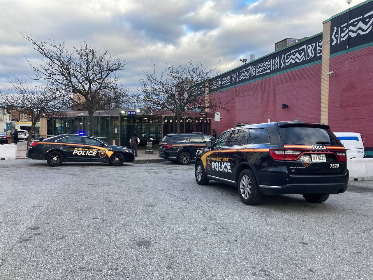 Maryland Transit Police are seen outside the Upton Metro Subwaylink Station in Baltimore on Jan. 10, 2024.