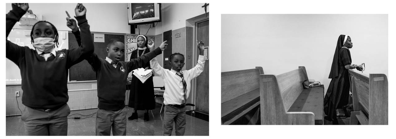 (Left) Sister Mary Pauline Tamakloe watches the choreography to a dance while teaching at Cardinal Shehan School, in Baltimore, Monday, November 13, 2023. 
(Right) Sister Mary Pauline Tamakloe prays before mass at Our Lady of Mount Providence Convent, Monday, July 3, 2023.