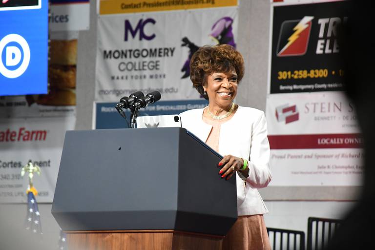 Yvette Lewis, chair of the Maryland Democratic Party, speaks at a rally at Richard Montgomery High School in Rockville on Aug. 25, 2022.
