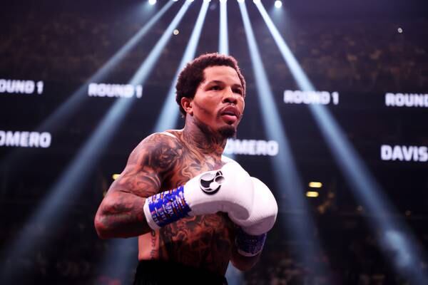BROOKLYN, NEW YORK - MAY 28:  Gervonta Davis in action against Rolando Romero during their fight for Davis' WBA World lightweight title at Barclays Center on May 28, 2022 in Brooklyn, New York.