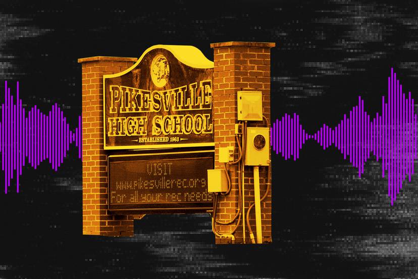 Photo collage shows Pikesville High School sign with pixellated audio waves in the background.
