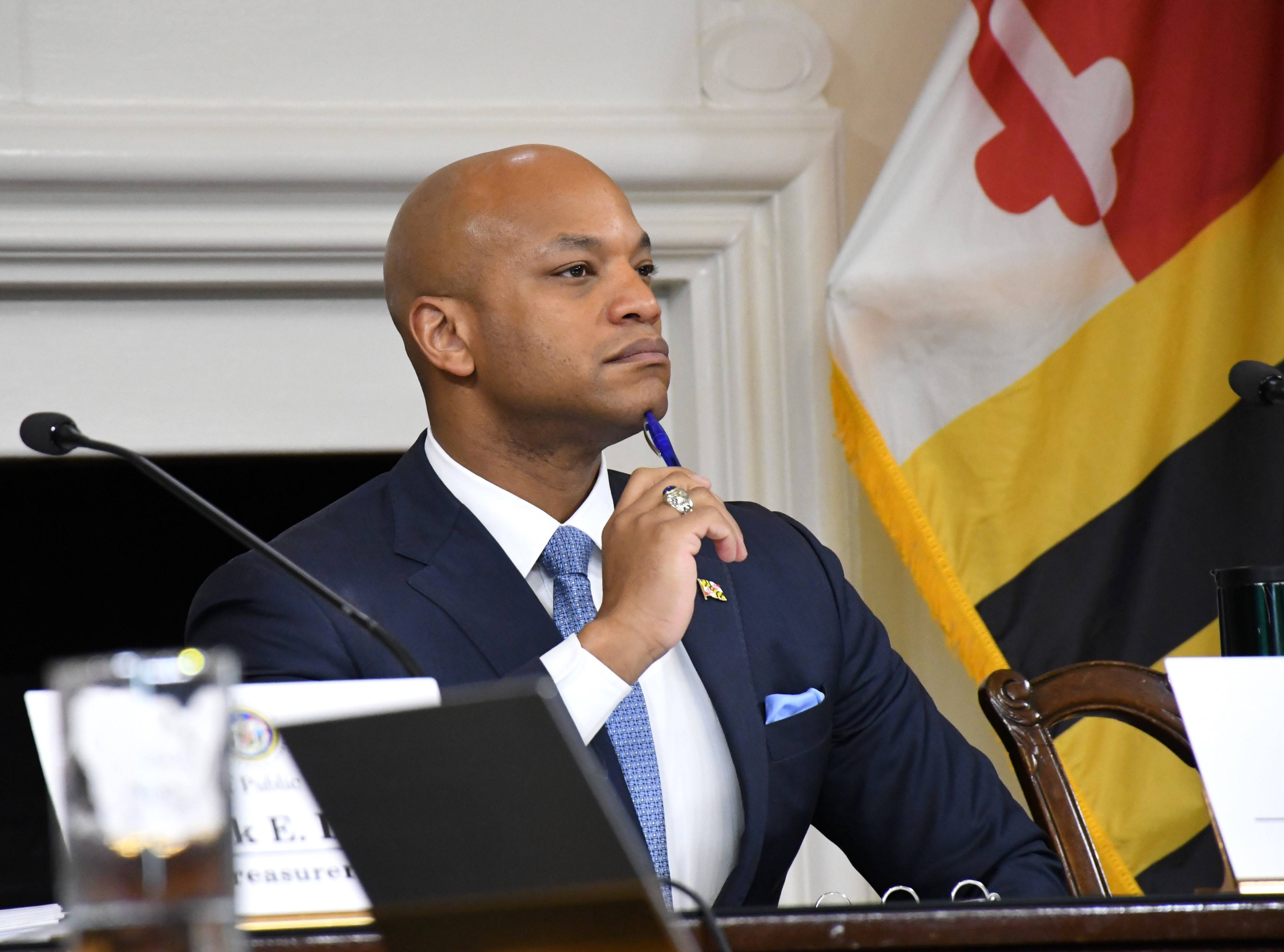 Gov. Wes Moore listens during a meeting of the Maryland Board of Public Works at the State House in Annapolis on Wednesday, March 13, 2024.