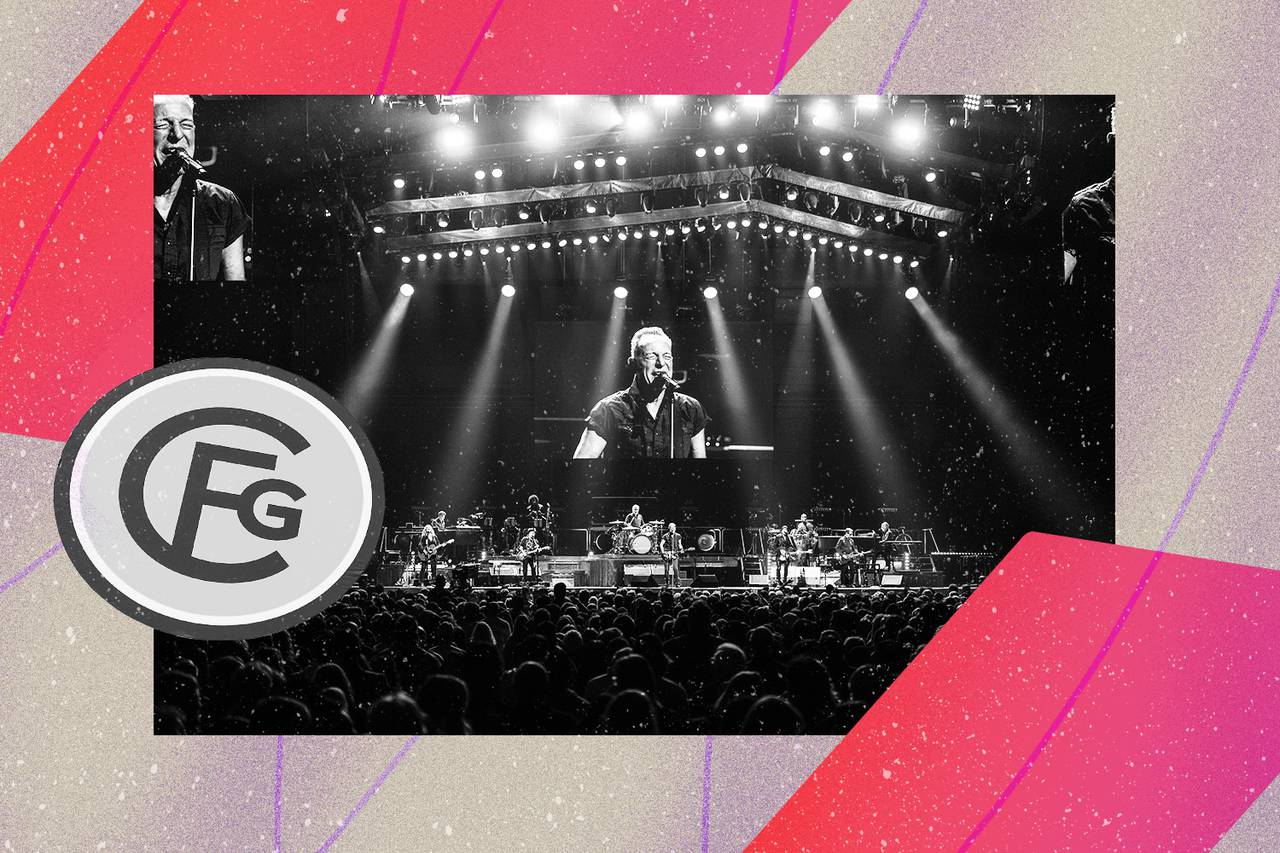 Photo illustration shows circular CFG Arena logo next to photo of Bruce Springsteen performing in front of audience.